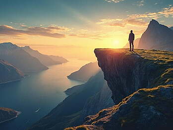 An inspiring scene of entrepreneurship, featuring a vast landscape with a sunrise, a solitary figure contemplating on a cliff, symbolizing the start of a business journey with a winding path ahead and a subtle question mark in the sky, representing self-reflection and opportunity.
